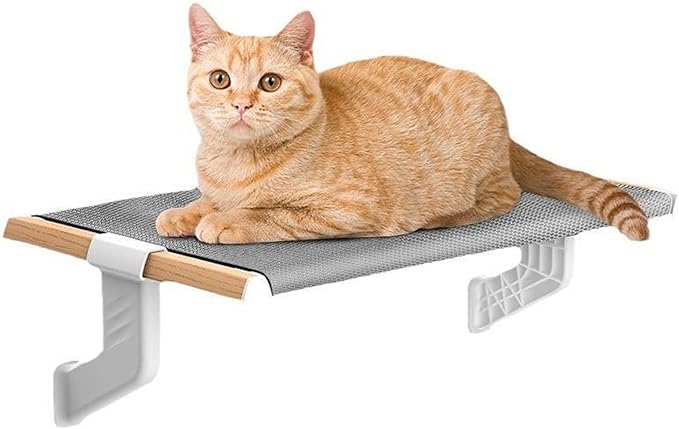 Cat Bed Window Sill Perch,Adjustable Cat Bedside Hammock Metal Frame Kitten Shelf Windowsill for Indoor Large Heavy Cats No Drilling Window Sill Extender for Pets (Wood, M)