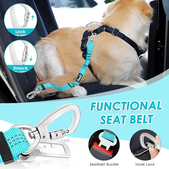 Lukovee Dog Seat Belt for Car, Adjustable Dog Car Harness for Large Medium Small Dogs, Soft Padded & Breathable Mesh Dog Seatbelt with Car Strap and Carabiner (Light Blue,S)