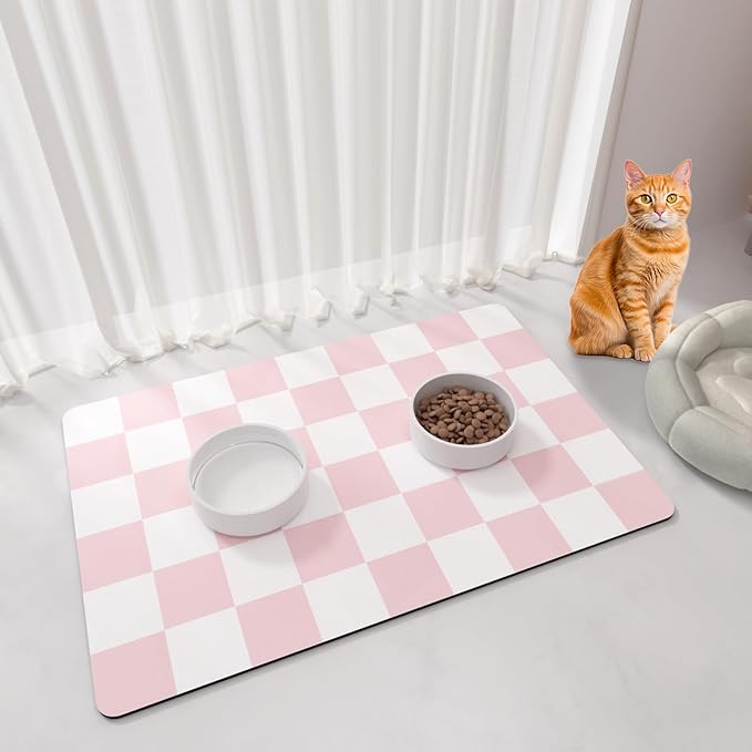 Pet Feeding Mat, 16"x 24" Absorbent Dog Food Mat, Checkered Cat Bowl Mats, Easy to Clean Pet Placemats, Quick Dry Dog Water Dispenser Mats for Messy Drinkers, Pink & White