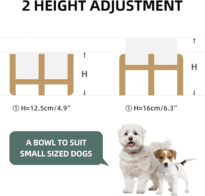 Ceramic Raised Double Bowls Set with Stand, 2 Heights Elevated, Food & Water Bowls for Small Breed Dogs, Weighted Dog Dishes, Pet Bowl(6.1'',28.7oz, White)