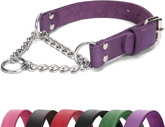 Martingale Collar for Dogs No-Pull Adjustable Training Collar with Stainless Steel Chain - Genuine Leather Anti-Slip Design for Small,Medium,Large Breed Dogs - Purple (M)