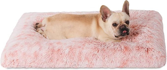 Bedfolks Plush Waterproof Dog Crate Bed with Removable Washable Cover,Faux Fur Kennel Pad for Medium Dogs,29"x21",Pink