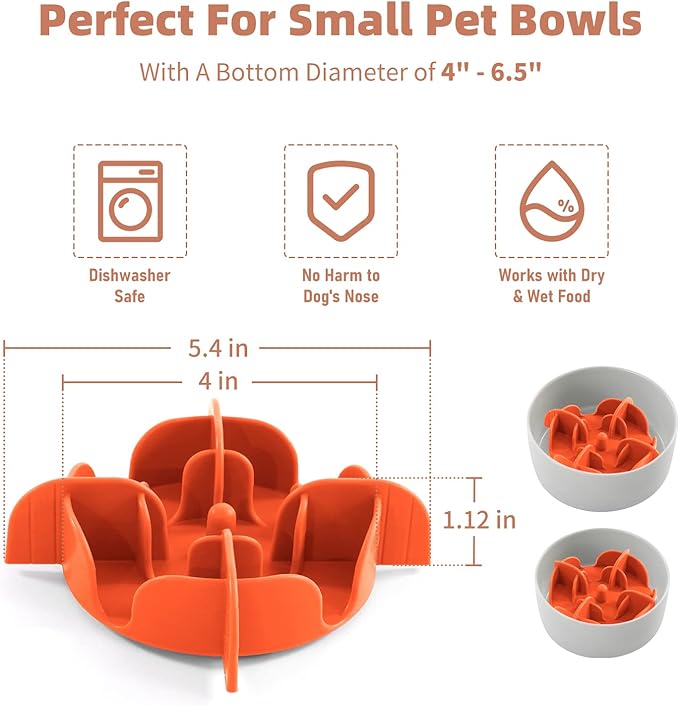 Jaoul Slow Feeder Dog Bowls Insert, 5.4 Inch Cuttable Slow Feeder Insert with 17 Octopus Suction Cups for Small Size Dog Food Bowl (Small, Orange)