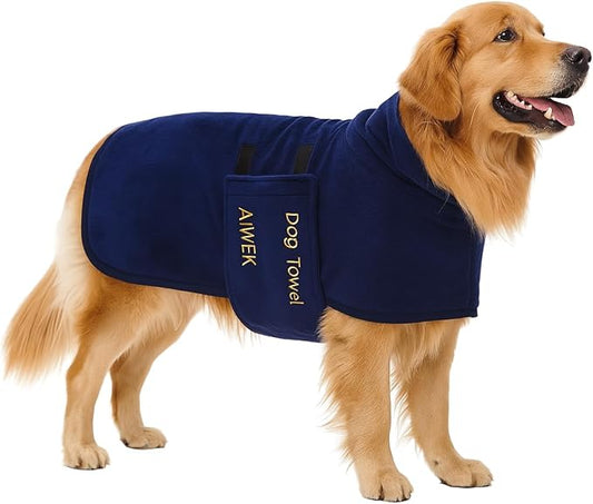 Dog Towel Dog Bathrobe, Microfiber Super Absorbent Pet, Quick Drying Robe for After Bath, Adjustable Collar & Belly Strap Pet Cat Bath Robe Towel Blue-M