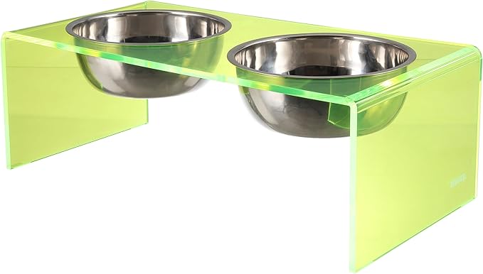 The LICKER Store DBL2001G Keaton 7.5" Medium/Large Modern Acrylic Rectangular Elevated Pet Feeder with 54oz 2-Stainless Steel Bowls, Green/Chrome