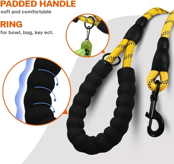 Taglory Rope Dog Leash 6 FT with Comfortable Padded Handle, Highly Reflective Threads Leash for Medium Large Dogs, 1/2 inch, Yellow
