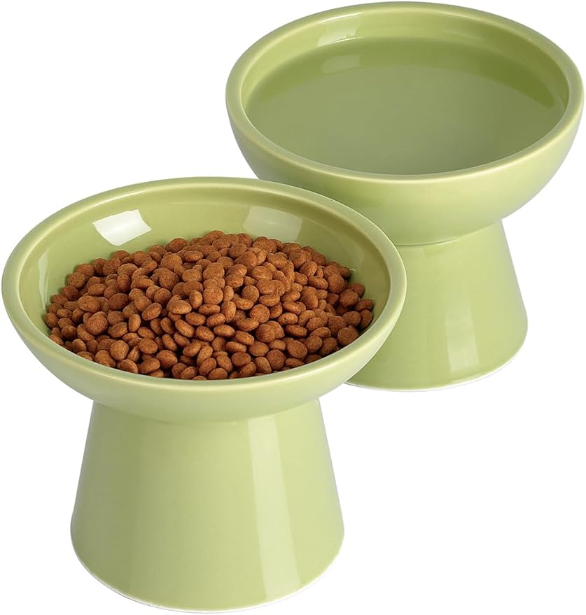 LoeJan Elevated Cat Food and Water Bowls Set, Extra Wide and Raised Ceramic Feeder, Anti-Vomit Whisker-Free Pressure Feeding Bowl for Kittens Adult Cats Small Dogs (Green, Bowl Set)