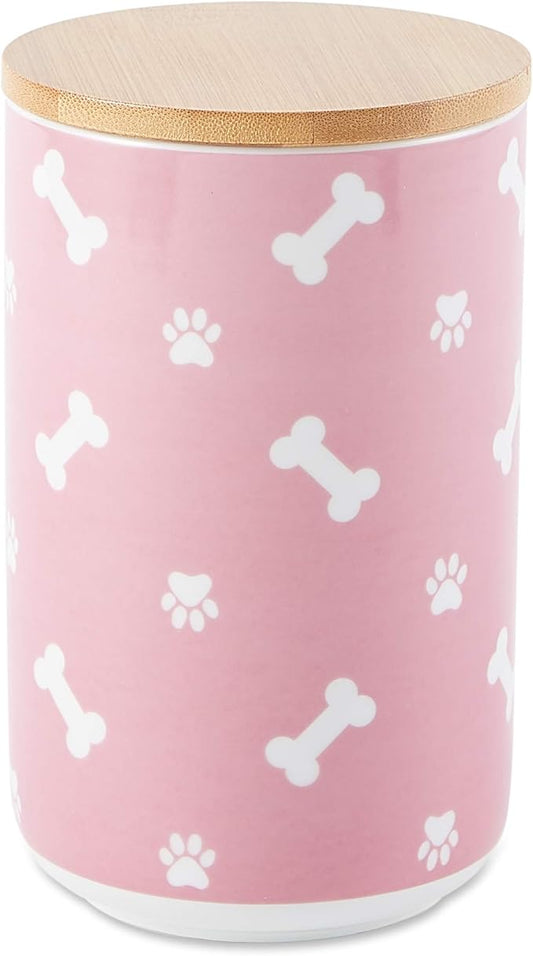 Bone Dry Ceramic Canister with Bamboo Lid, Paw & Bone Collection, Treat Jar, 4x6.5", Rose