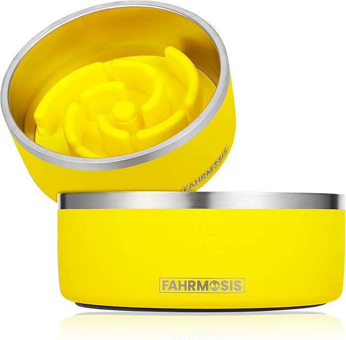 32 Oz Dog Bowl with Slow Feeder Insert Stainless Steel Pet Water Bowl for Medium & Large Breed Non Slip Rubber Base & Plastic Puzzle Feeder - Yellow