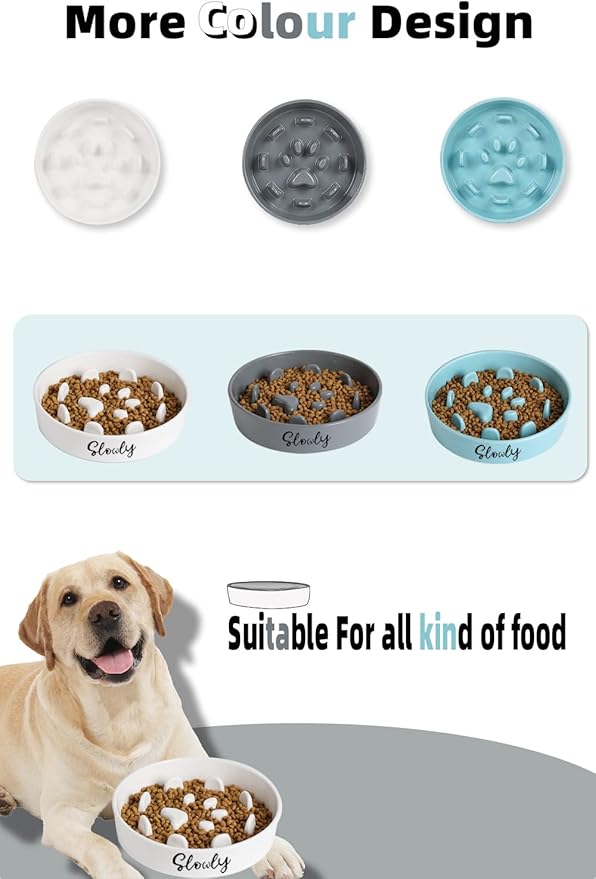 Slow Feeder Dog Bowls, Farmhouse Ceramic Fun Slow Eater Bowl for Medium Sized Dog, Grey