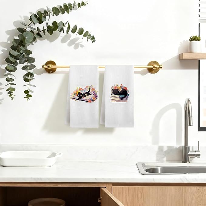 Floral Bookish Black Cat Kitchen Dish Towels, Gifts for Books Lovers Reader, Black Cat Gifts for Women Decorative Hand Tea Towels for Bathroom Kitchen, 16x24 Inches Set of 2