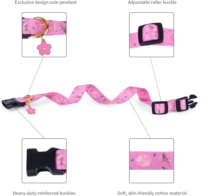 Cotton Handmade Dog Collar for Small Medium Large Dogs,Pink Flowers with Pendant Cute Dog Collars (Large)