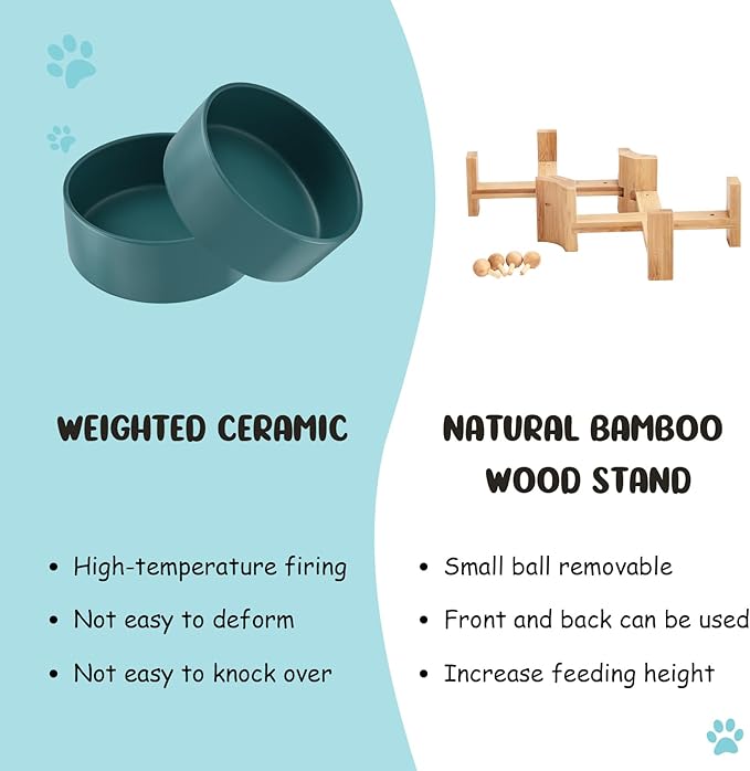 SPUNKYJUNKY 15° Slanted Ceramic Dog and Cat Bowl with Wooden Stand, Tilted Bulldog Food and Water Bowl No Slip Non-Spill for Cats Medium Dogs Big Face Pets 13.5 OZ (1.7 Cups, Green × 2)