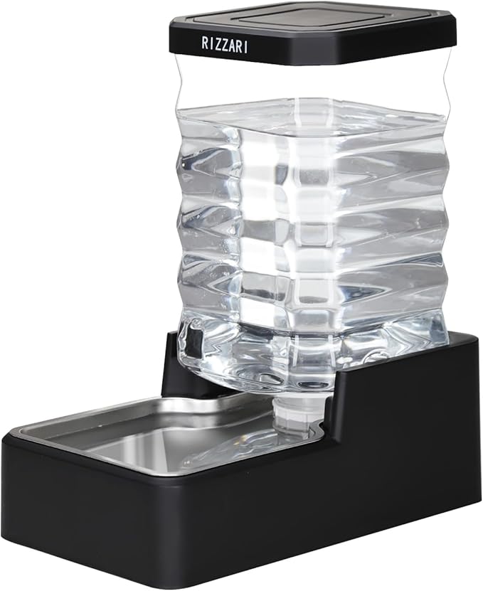 RIZZARI Stainless Steel Pet Water Feeder: 9L Large Gravity Waterer - Less Refills All-Day Water - No Mess Keeps Floors Dry - Quiet Refill - for Medium to Large Dogs - Workday/Day Trip