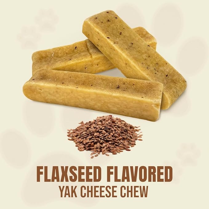 Tibetan Yak Cheese Dog Chew Sticks (4 Medium Chews) Flaxseed Flavored - Natural, Handmade, Long-Lasting, Easy to Digest, Ideal for Medium Dogs and Aggressive Chewers, Rawhide, Grain and Gluten Free