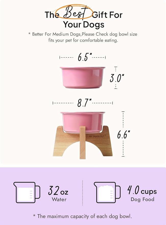 Raised Ceramic Dog Bowl with Wooden Stand, 6.5 Inch Elevated Feeder for Small & Medium Breeds, Pink, Set of 1