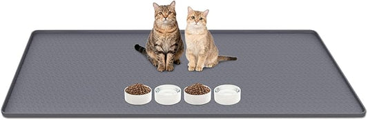 Lanstics Cat Food Mat, 51" x 26" Large Silicone Mat Cat Feeding Mat with Raised Edge Non-Slip Pet Feeding Mat for Food and Water Bowl, Easy to Clean, Floor Protection (Gray)