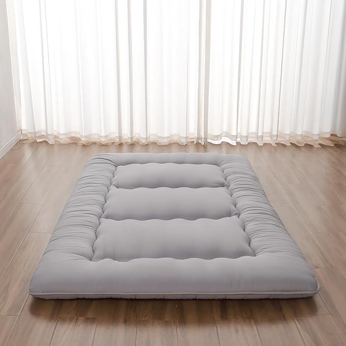 Japanese Floor Mattress, Futon Mattress with Storage Bag and Washable Cover, Roll Up Tatami Mat Suitable for Guest Room, Grey, Full