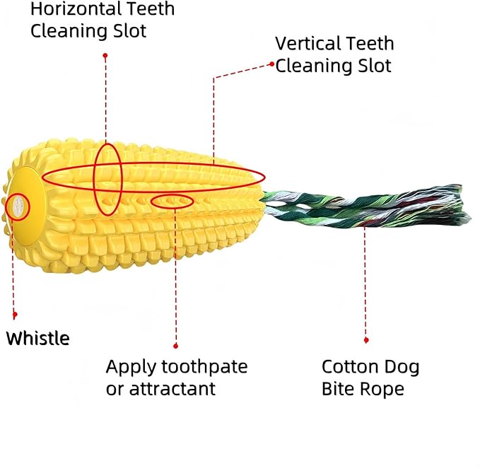 FJ Four Joys Corn-Shaped Dog Chew Toy, Squeaky Toy, Dog Toothbrush, Tough and Interactive Toy for Small, Medium and Large Dogs (Yellow wih Squeaky Toy)