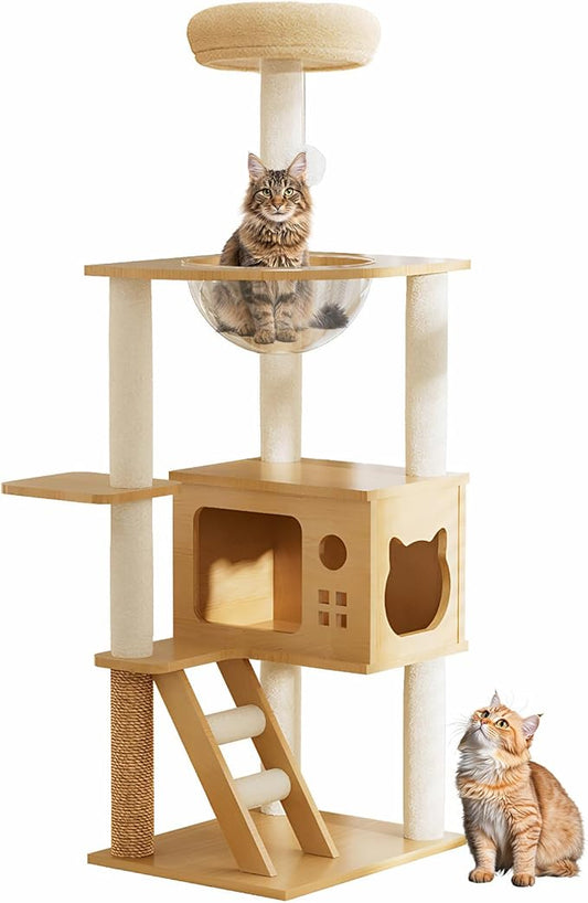 48.4" Tall Wood Cat Tree Tower for Indoor Cats Large Adult, Modern Minimalist Cat Furniture with Cat Scratching Post Cozy Sleeping Perch Hammock and Toy Ball, Beige