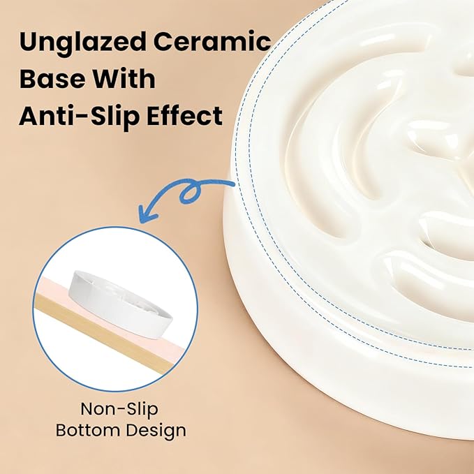 Ceramic Slow Feeder Dog Bowls,2.0 Cups Slow Feeder for Medium Large Breed,Puzzle Dog Food Bowl to Slow Down Eating, Anti-Gulping, Stop Bloat,Preventing Choking,Anti-Slip,8in,White