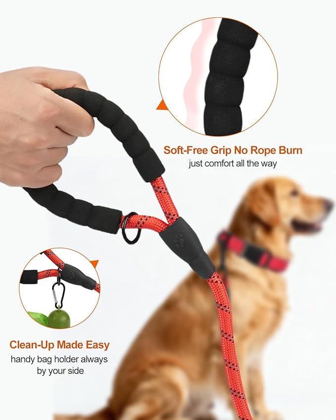 Joytale Dog Leash for Large Dogs, Heavy Duty Nylon Leashes with Comfortable Padded Handle and Highly Reflective Threads, Ideal for Walking and Training, Red, 6'횞1/2''