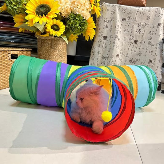 Cat Tunnel Tube Toy Collapsible 3 Way Rainbow T-Shape, Pet Tunnels for Indoor Cats, Hanging Ball Perfect for Kitten, Puppy, Rabbit, Interactive Toys for Fun Playtime & Exercise