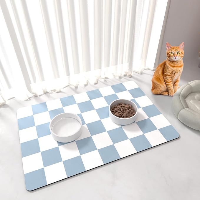 Cat Food Mat - 12"x 20" Cat Dog Mats for Food and Water Bowl, Checkered Pet Placemat Feeding Mat, Non-Slip Under Pet Bowls Mats for Messy Drinkers, Blue & White
