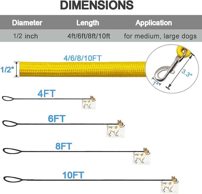 MayPaw 4/6 /8/10 FT Dog Leash, Classic Solid Colors, Strong Nylon Rope Dog Leash Reinforced with Leather Tailor Connection Heavy Duty Silver Clasp (Yellow, 6ft*1/2")