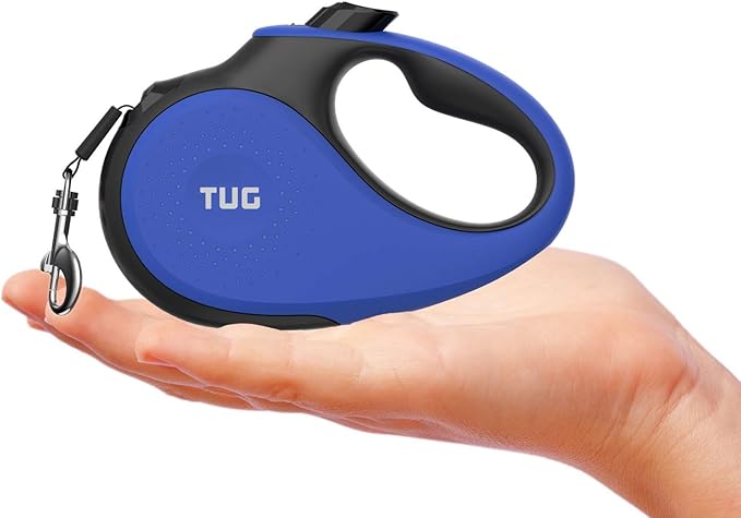 TUG Tiny 360° Tangle-Free Retractable Dog Leash with Anti-Slip Handle | 10 ft Nylon Tape | One-Handed Brake, Pause, Lock (Blue)