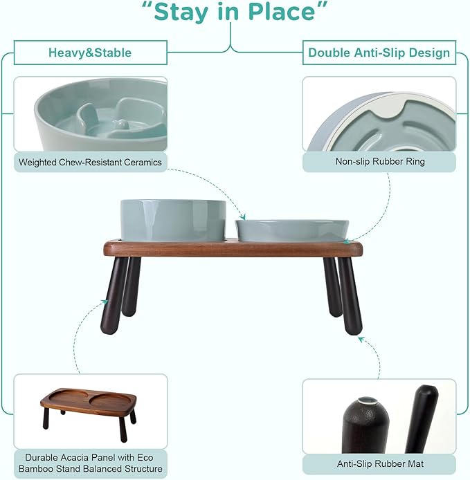 SPUNKYJUNKY Ceramic Elevated Dog Bowls with Slow Feeder Raised with Acacia Bamboo Wooden Stand, 6.1'' Dog and Cat Food Water Bowls Set Non-Slip for Small Medium Sized Breed - Light Green