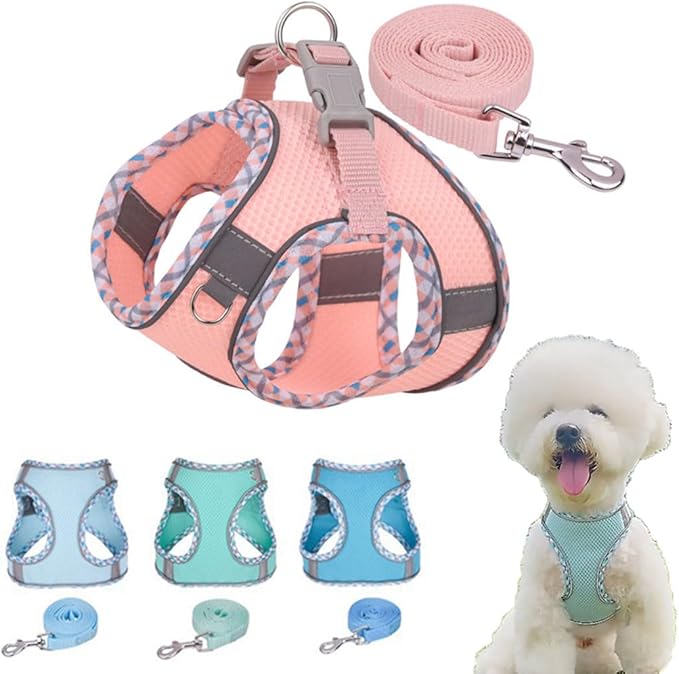 Harness Small Sized Dog, No-Pull Puppy Vest with Leash Set, Breathable Mesh Reflective Pet Harnesses for Outdoor Walking for XXS Xs Small Medium Breed Dogs Cats, Pink-Plaid XSmall