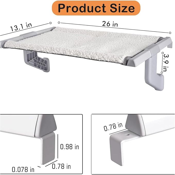 Cat Bed Window Sill Perch,Adjustable Cat Bedside Hammock Metal Frame Kitten Shelf Windowsill for Indoor Large Heavy Cats No Drilling Window Sill Extender for Pets (White, L)