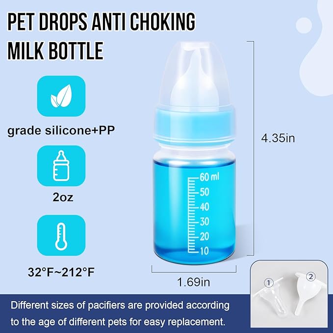ASEVAT 2 oz 3Pack Kitten Bottles for Nursing,Puppy Bottles for Nursing Puppy Milk, Anti-Choking Puppy Feeder Design,with 4pcs Replaceable and Reusable Silicone Nipples