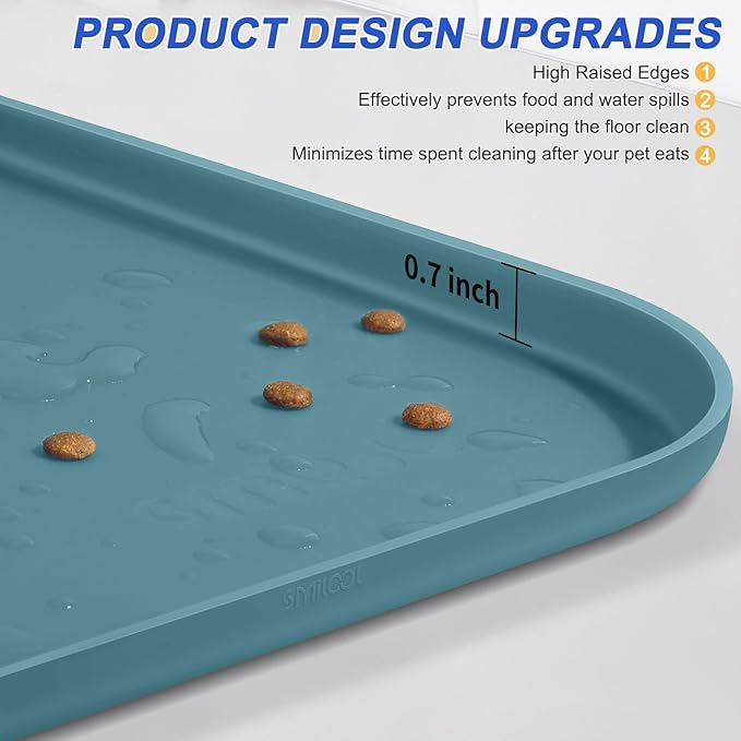 Silicone Pet Feeding Mat with Raised Edge for Food and Water, Dog Bowl Mats, Cat Bowls Placemat with High Lip for Floor Waterproof, Rubber Tray for Cats and Dogs 19 x 12 x0.7 Slate Blue