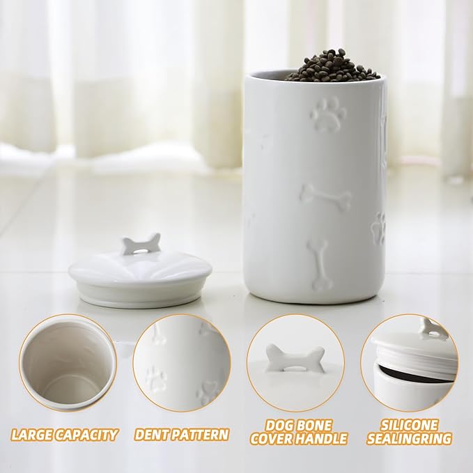 Dog Treat Container Airtight - 9"x5" Large Ceramic Dog Treat Jar for Kitchen Counter, White Dog Cookie Jar with Lid - Farmhouse Style Dog Food Storage Container for Dogs, Cats, Pets