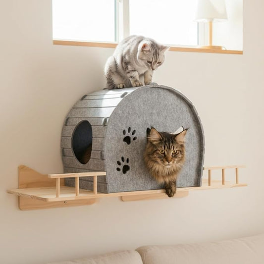 Wall Mounted Cat Shelf Bed – Large Felt Cat Furniture with Dual Entrances & Solid Wood Base, Floating Perch for Indoor Cats, Wall Shelves & Modern Furniture,Gray