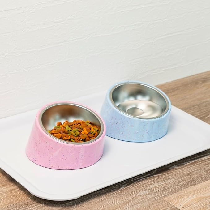 Bzyoo 2 Cup Tilted Dog Bowl for Small Dogs & Cats, Stylish Sprinkle Design, Elevated, Stainless Steel 16oz Inner Bowl, Non-Skid, Help Cotain Spills, Dishwasher Safe Color: White