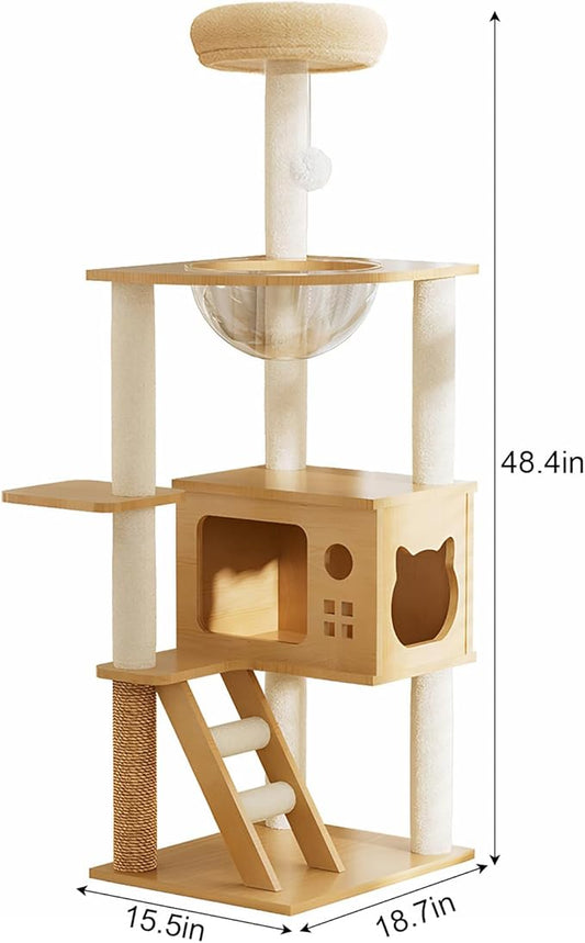 48.4" Tall Wood Cat Tree Tower for Indoor Cats Large Adult, Modern Minimalist Cat Furniture with Cat Scratching Post Cozy Sleeping Perch Hammock and Toy Ball, Beige