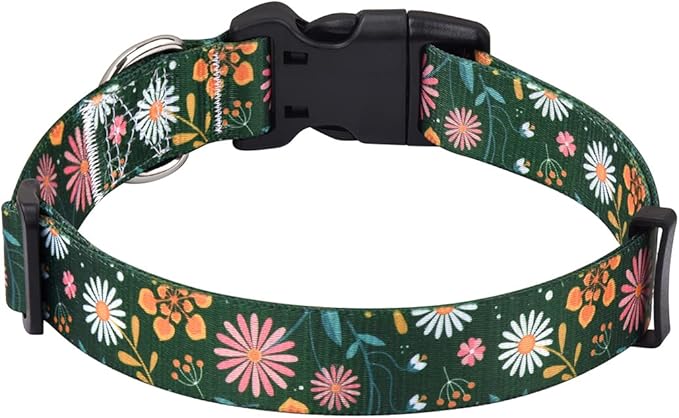 Dog Collar with Bohemia Floral Tribal Geometric Patterns - Soft Ethnic Style Collar Adjustable for Small Medium Large Dogs(Dark Green Flower,L)
