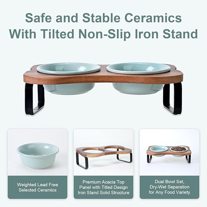 SPUNKYJUNKY Ceramic Elevated Tilted Dog Bowls Bone-Shaped Raised with 2 Height Iron Stand, 4.9'' Dog and Cat Food Water Bowls Set Non-Slip for Puppy Kitten Small Sized Breed - 7 OZ,Light Green