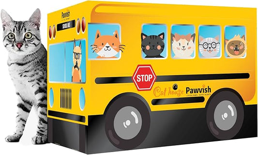 School Bus Cardboard Cat House and Scratcher, Play House, Scratching Pad, Corrugated Hideaway Cave, Cute Kitty Condos Box, Bed for Indoor Cats, Kittens, Bunny, Fur Babies