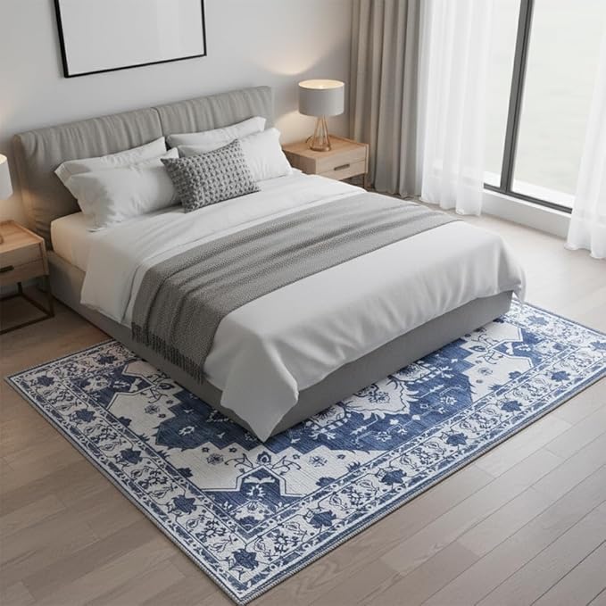 Muddy Mat짰 Navybell 5ft x 7ft Washable Area Rugs for Living Room, Bedroom & Dining Room ??Modern Soft Low Pile Non Slip Carpet ??Pet Friendly Waterproof Foldable Rugs for Home