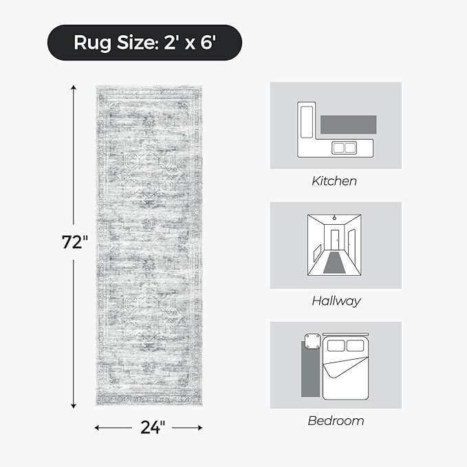 2×6 Washable Kitchen Runner Rug Non Slip, Soft Faux Wool Floor Carpets for Bedroom Hallway Entryway, Neutral Vintage Distressed Aesthetic Stain Resistant Grey White Rugs