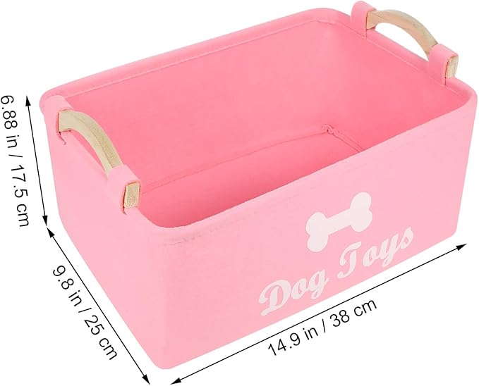 Pet Toy Storage Box Felt Organizer with Wooden Handles 15.35 Inch Square Container for Household Pet Toy Collection and Sundries Storage