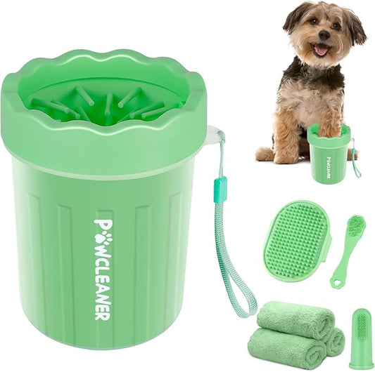 Professional 7 in 1 Dog Paw Cleaner for Dogs & Cats - Includes 1 Portable Paw Washer, 1 Bath Brush, 2 Dog Toothbrushes and 3 Absorbent Towels Note: Fits Paws up to 2 Inches Wide (Small, Light Green)