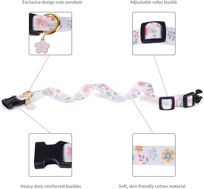 Cotton Handmade Dog Collar for Small Medium Large Dogs,White Flowers with Pendant Cute Dog Collars (Small)