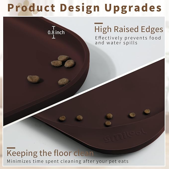 Silicone Pet Food Mat with Raised Edge for Food and Water Bowl, Dog Feeding Mats, Cat Food Trays for Floor Waterproof, Rubber Tray for Dogs and Cats, 22 x 14 x 0.8 Dark Brown