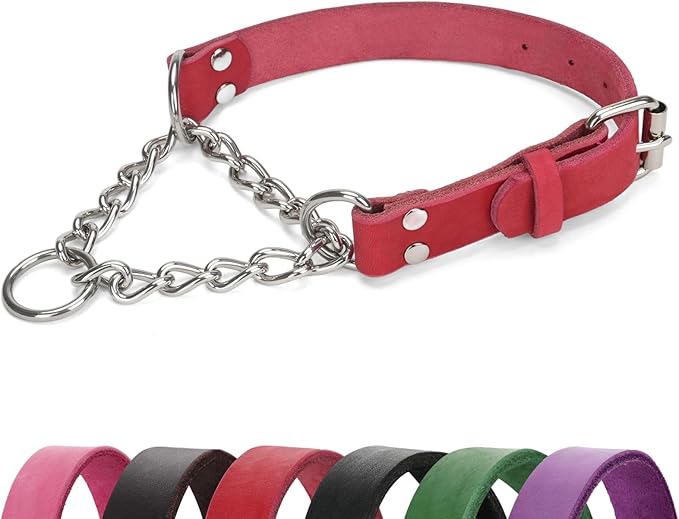Martingale Collar for Dogs No-Pull Adjustable Training Collar with Stainless Steel Chain - Genuine Leather Anti-Slip Design for Small,Medium,Large Breed Dogs - Red (L)