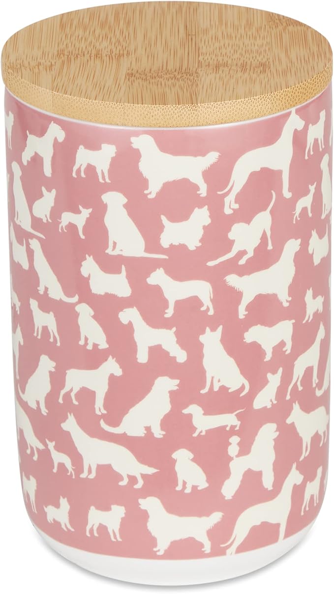 Bone Dry Ceramic Treat Jar for Cats and Dogs, Bamboo Lid, Dishwasher Safe Canister, 4x6.5", Rose, Dog Treats
